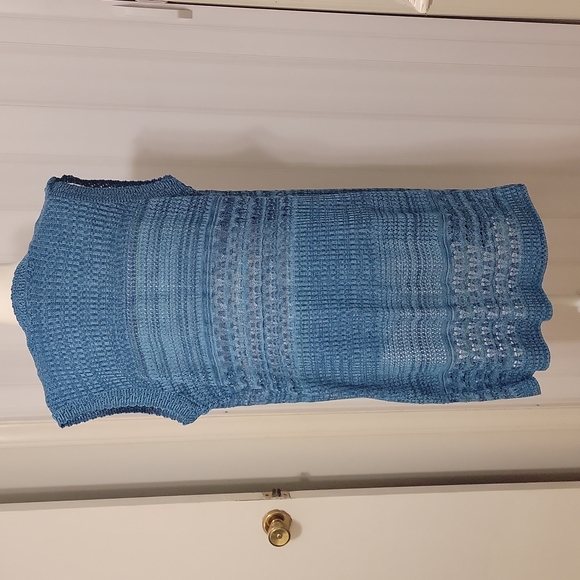 Vtg Blue Open Knit Dress Vest Cardigan Sweater Long Line Sz M Fleurette - Picture 2 of 8